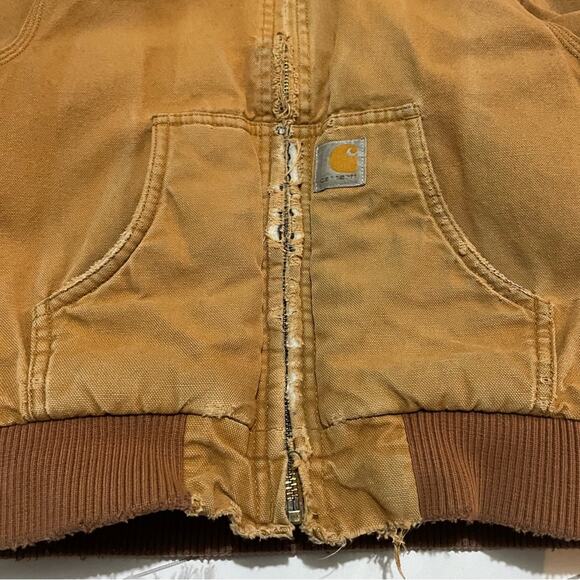 Carhartt Destroyed Distressed Brown Tan Full Zip Hooded Jacket Coat Boy XS‎ - Picture 7 of 14